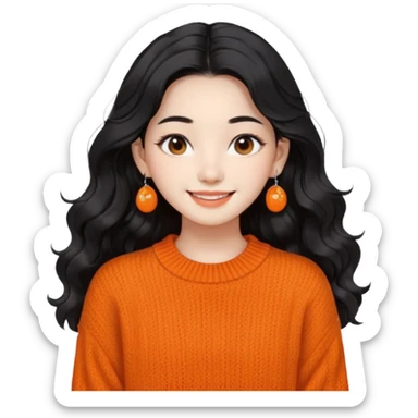 Korean 24-year-old female online shopping mall seller / Orange knit / White face / Earrings / Smiling expression / Long wavy hair / Influencer vibe / Fashionable / Black hair sticker