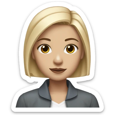 blonde girl with blue eyes and shoulder-length hair holding a gray Staffordshire terrier that has a thin white line between its eyes sticker