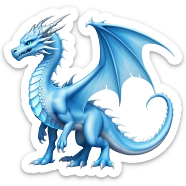 Cinematic Noble wise elegant Ice Dragon full body  Emoji, Poised and imposing, distinct long elegant snout, with a slender, scaled body shimmering in glacial hues of icy blue, frostbitten silver, and crystalline white, breathing out frost, with piercing, glowing ice blue white eyes that radiate the chilling depths of an arctic storm; rendered in detail. excuding wisdom sticker