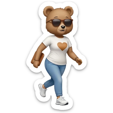 friendly anthropomorphised female bear in jeans and a t-shirt, wearing dark sunglasses, jogging upright in standard pose sticker