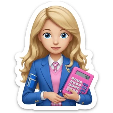 pretty female with long wavy brown hair with blonde highlights and blue eyes holding a pink calculator wearing school uniform which is a blue blazer and white blouse sticker