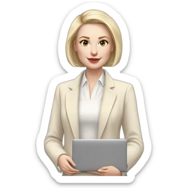 pale skin woman with ash blonde Straightened bob Hair, White Spacious classical jacket, beige palazzo Arrow pants and gray blouse holding a MacBook in the hands sticker