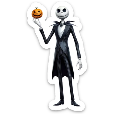 Full body view Cinematic 3D ultra realistic 32K HD image of Jack skellington, stunning detail as though captured in a timeless photograph, rich textures, visually rich, so lifelike that it feels like it could leap off the page at any moment sticker