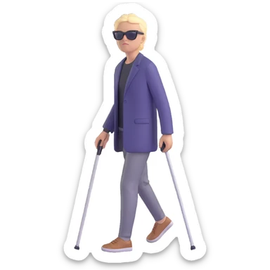 A blind person walking with a white cane, wearing sunglasses, outdoors, daytime. Focus on the cane and posture that indicates visual impairment. sticker