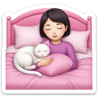 White cat sleeping with Asian girl short hair in pinky bed  sticker