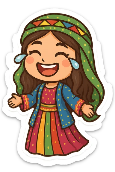 Cartoon sticker of a Kurdish woman wearing traditional Kurdish female clothing, colorful and cheerful, face with a big smile and tears of joy, no text, suitable for WhatsApp and Instagram, transparent background. sticker