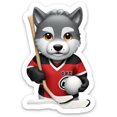 A wolf hockey player in a white red and black uniform holds a puck sticker