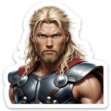 Cinematic Realistic Thor Portrait, depicted with lifelike skin texture and a commanding, muscular build that radiates divine strength. His piercing eyes, framed by rugged, flowing hair and a well-groomed beard, exude both determination and amiable authority. Clad in his signature armor with subtle hints of mystical lightning, the portrait is rendered in dynamic natural lighting with a radiant, heroic glow. sticker