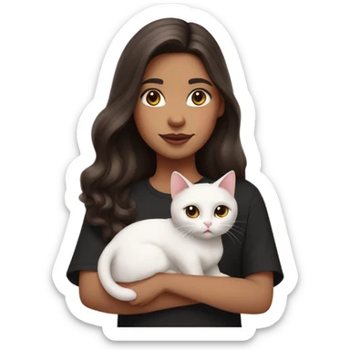 Girl with long dark brown hair hazel eyes and pink lips wearing cute black shirt bringing a white cat and a calico cat sticker