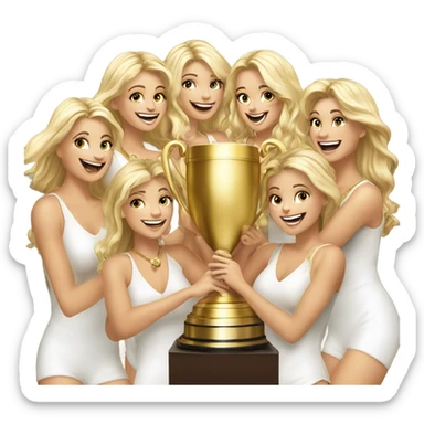 8 beautiful blonde women celebrating with a huge gold trophy sticker