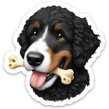 All black Bernedoodle carrying bone in mouth  sticker