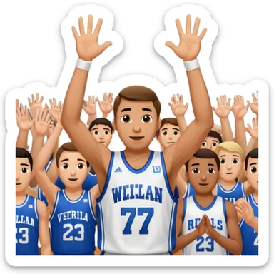 Maverick Trevillian in the crowd at an amateur basketball game. He leans towards the camera and enthusiastically shouts "six seven while performing a distinctive hand gesture: both hands open, palms facing upward, moving up and down as if weighing two options. sticker