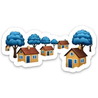 showing a flood disaster scene with powerful blue water waves overflowing around small houses and trees, dark cloudy sky, heavy rain falling, dramatic yet simple design sticker