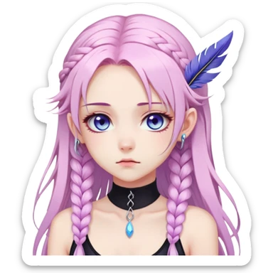 Gorgeous beautiful pretty grumpy anime lady long-pale-whitish-pastel-pink-hair with one braid on each side, hanging purple tiny feather-ear-cuffs with pink tips in hair, black bodysuit, blue eyes, pink iris, ethereal, fashion aesthetic  sticker