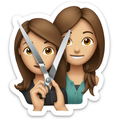 two women with brown hair holding a pair of scissors between them sticker