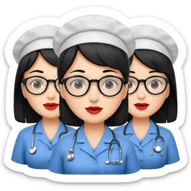 Genera un emogis de 4 enfermeras pelinegra juntas, entre ellas una con un lunar encima del labio y otra con lentes sticker