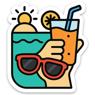 a hand with sunglasses holding a glass of fruit juice, beach background icon sticker