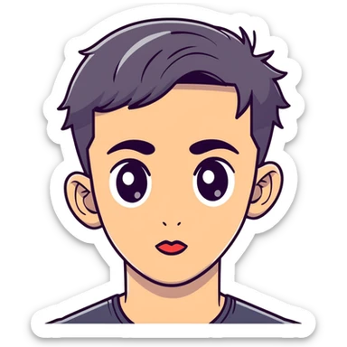 young man with modern black haircut, big eyes, medium lips, big eyebrows sticker