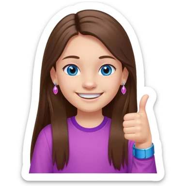 11 year old girl, blue eyes, brown long ish straight hair, smile and two thumbss up with purple STUD earings and a PINK shirt, and that you can see my whole body, and no teeth in my smile sticker