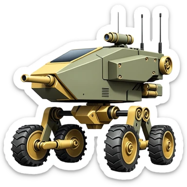 unstoppable accurate 8-wheel armored personnel sporty self-balancing army massive mech trail vehicle shooting forward side-hill leaning actively robotically articulating hydraulic independent suspended pod gimbal enemy mech off-road racing rover with large fast engine RC basher crawler megatron  sticker