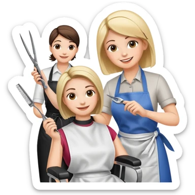 woman getting a haircut from a female hairstylist, both smiling, client sitting in chair with apron, hairstylist standing behind holding scissors sticker