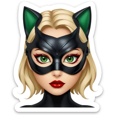 Futuristic Catwoman big blue green eyes with shiny patent leather mask, long false eyashes, most incredible highly detailed Futuristic green eyes,  perfect eyeliner, blood red full lips sticker