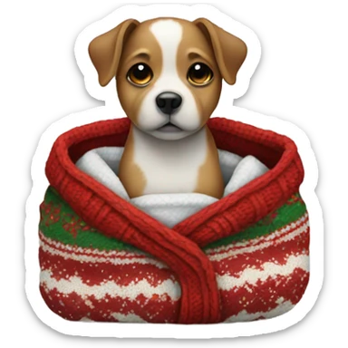 a small dog wrapped in a sweater and christmas blanket sticker