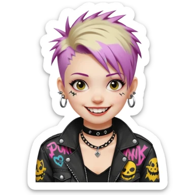 a punk girl with short dyed hair and wear a punk graffiti jacket with black choker grin playfully  sticker