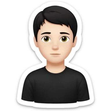 A boy with dark black hair and hazel green and brown eyes and white skin , with freckles and black t shirt with middle part hair  sticker