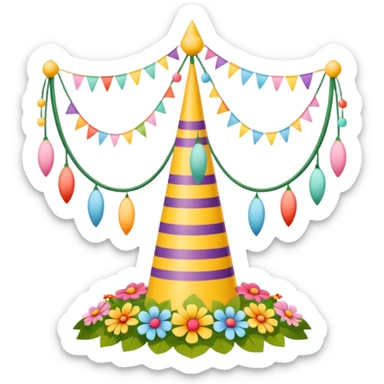 whimsical midsommarstång (maypole) with exaggerated floral decorations, playful proportions, bright cartoonish look sticker