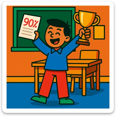 a student holding a trophy, celebrating for scoring 90% in an exam, cheerful expression, classroom background, vibrant colors sticker