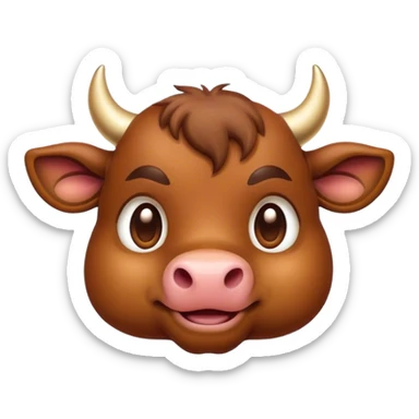 Cinematic Cute Brown Bull Portrait Emoji, Head tilted playfully and inquisitively, featuring a glossy, robust brown hide with a natural sheen, round, sparkling dark eyes filled with gentle curiosity, Simplified yet irresistibly adorable features, highly detailed, glowing with a warm, friendly glow, high shine, affectionate and imposing, stylized with a touch of rugged charm, bright and endearing, soft glowing outline, capturing the essence of a mischievous yet loving bull, so playful it feels like it could stomp out of the screen and into your arms! sticker