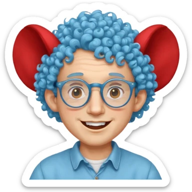 light blue haired man curly hair with big ears and red earrings and spectacles happy and hat wearing sticker