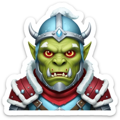 
Fantasy Christmas orc legion soldier icon, iron tundra army theme, heavy winter armor, disciplined brutal look, icy blue steel armor with deep crimson accents, frozen metal texture, cold winter atmosphere, male variant sticker
