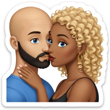 bald head man with brown eyes and black beard kissing African woman with blue eyes and curly blonde hair sticker