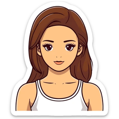 beautiful girl, long straight brown hair, brown eyes with lashes, wearing a white crop top, tan skin sticker