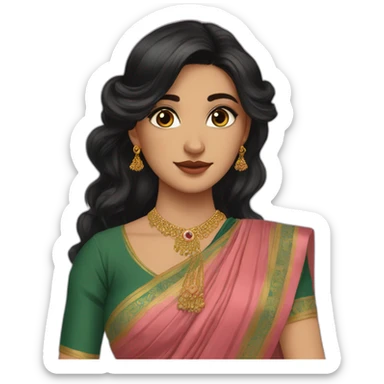 fair girl, hazel green eyes, wavy black long hair, in saree. Very pretty sticker