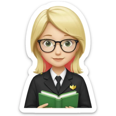 Girl student wearing uniform, glasses, hold green book in front of their chest, blonde long straight hair, white skin sticker