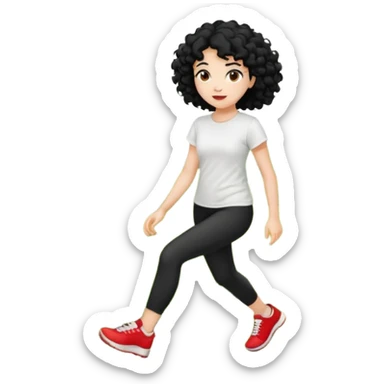 generate a pretty bratz fair skinned girl with curly black hair wearing a white tshirt trekking on a hill with red sneakers on and black leggings sticker