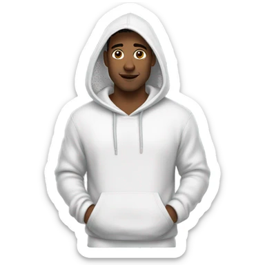 An emoji of a handsome man wearing a white hoodie, with the hood down, showing his hair, and standing confidently with a relaxed expression sticker