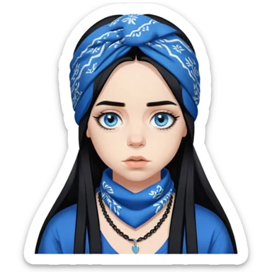 billie eilish blue eyes long black hair dark eyeliner makeup, wearing bandana sticker