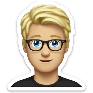 a 20 year old guy with blond hair, blue eyes, wearing a black T-shirt and square-framed glasses. sticker