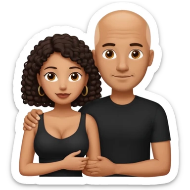 A picture of a tanned couple with the man's arm around her. the man is a Mexican man with tanned skin, a bald hair cut, short beard and wearing a black shirt. the woman is mixed, with mid length curly dark brown hair and with big boobs  sticker
