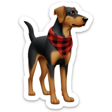 75% Coonhound 25% German Shepherd mix dog wearing small pointed red buffalo plaid bandana side view full body facing left sticker