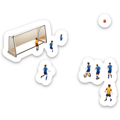 A mini-football match in an indoor sports hall with a wooden floor and clear court markings. The scene captures players in action, with the ball moving towards the goal, and the surrounding bleachers and overhead lights adding to the atmosphere of a competitive game. sticker