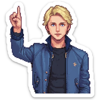 Flat pixel art, confident male leader, Caucasian, short neat blonde hair, sharp eyes, indigo jacket, one arm raised gicing direction, waist-up, front-facing sticker