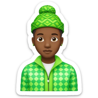 Create me an detailed emoji of a cool Young Nigerian prince wearing a neon green gradient African patterns with  a hat (a Nigerian-inspired patterned hat) and wearing apple airpods sticker
