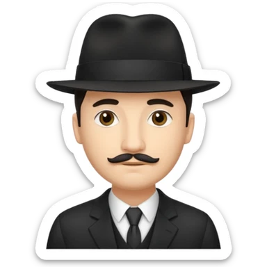 A light-skinned man with short dark hair, a thin mustache, and a black fedora, with an oval face and calm look. sticker