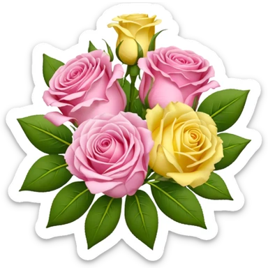 A mixed bouquet of four flowers, featuring pink roses and yellow lisianthus. sticker