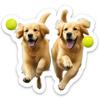 two twin golden retrievers playing with a tennis ball sticker